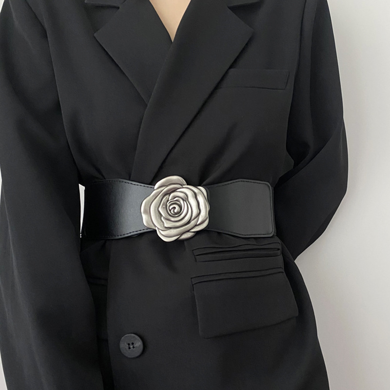 Ženski cvjetni široki pojas, elegantan i svestran dodatak za haljine i odijela, elastični crni pojas za struk
