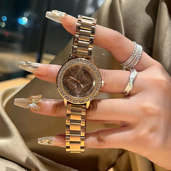 DIM ženski sat s dijamantima oko cifernika, kožni kaiš, kvarcni Miyota, svjetleće kazaljke, okrugli brojčanik promjera 32 mm, vodootpornost 30 m