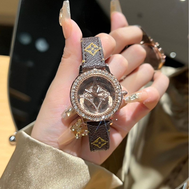 DIM ženski sat s dijamantima oko cifernika, kožni kaiš, kvarcni Miyota, svjetleće kazaljke, okrugli brojčanik promjera 32 mm, vodootpornost 30 m