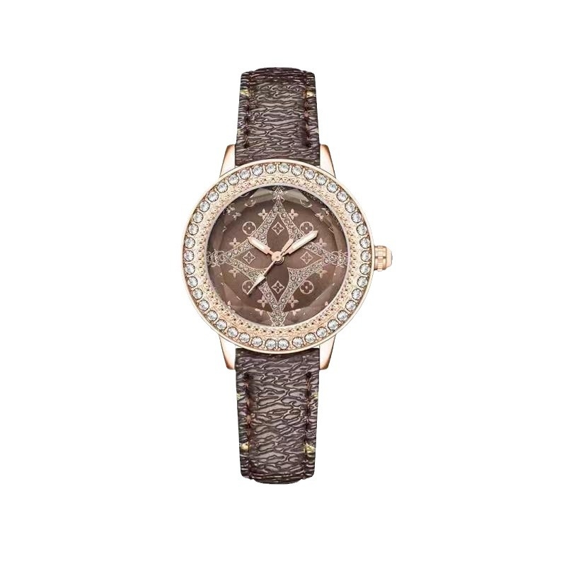 DIM ženski sat s dijamantima oko cifernika, kožni kaiš, kvarcni Miyota, svjetleće kazaljke, okrugli brojčanik promjera 32 mm, vodootpornost 30 m