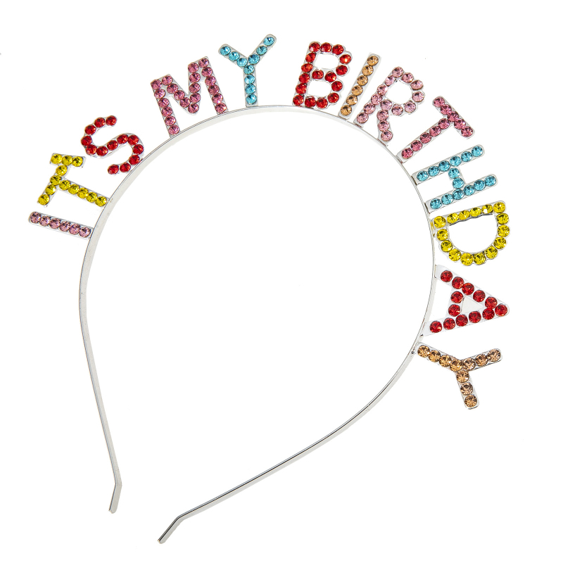 Traka za kosu s šarenim kristalima i natpisom 'It's My Birthday'