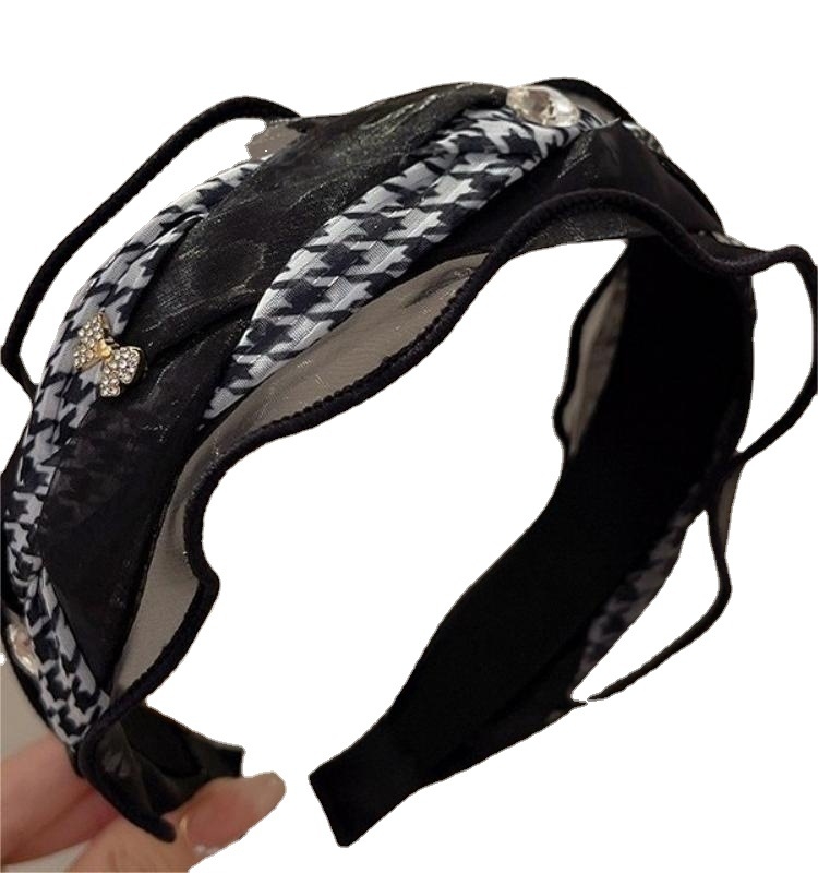 Traka za kosu s houndstooth uzorkom, mrežasta tekstura, široka rubna, retro francuska elegancija