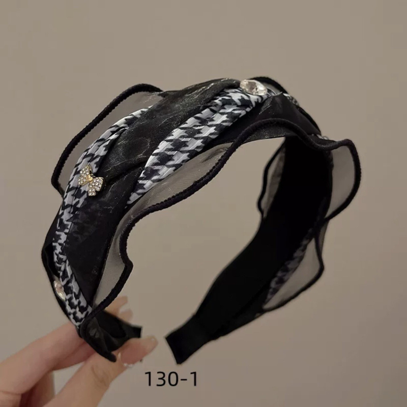 Traka za kosu s houndstooth uzorkom, mrežasta tekstura, široka rubna, retro francuska elegancija