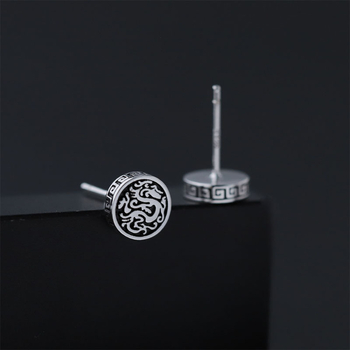 925 srebrne stud naušnice s motivom zmaja za muškarce, kineski retro stil, crno obojeni totem zmaja