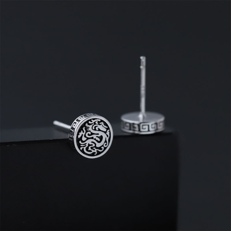 925 srebrne stud naušnice s motivom zmaja za muškarce, kineski retro stil, crno obojeni totem zmaja