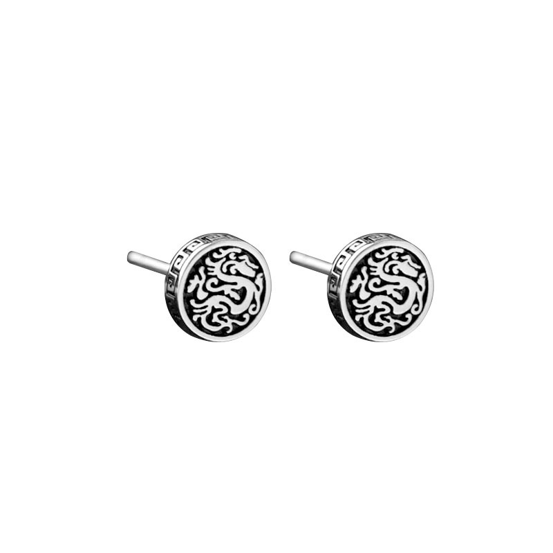 925 srebrne stud naušnice s motivom zmaja za muškarce, kineski retro stil, crno obojeni totem zmaja