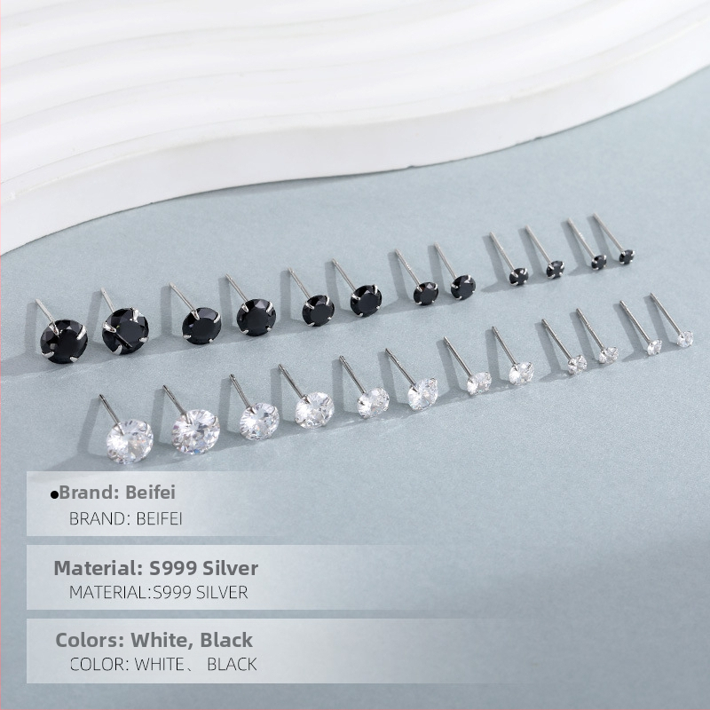 999 srebrne unisex naušnice s jednim dijamantom, crni cirkon, geometrijski minimalistički dizajn