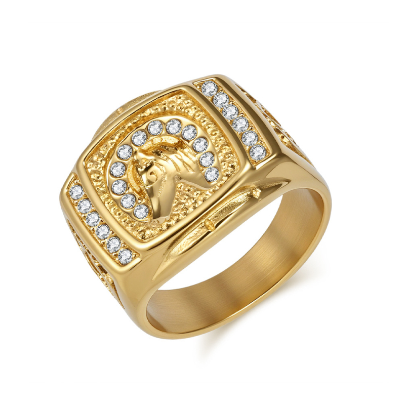 Muški prsten od titan čelika, s 18K zlatom i dijamantima, motiv konjske glave, hip-hop stil.