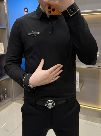 Мъжка поло тениска 8887 — Slim fit, памучно-смесена материя, геометричен принт, дълги ръкави, за всички сезони