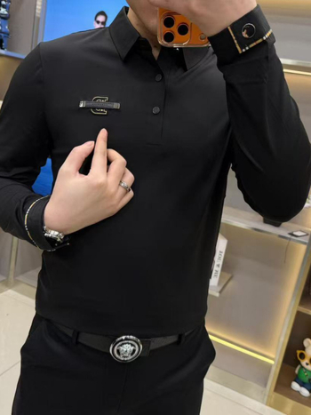 Мъжка поло тениска 8887 — Slim fit, памучно-смесена материя, геометричен принт, дълги ръкави, за всички сезони