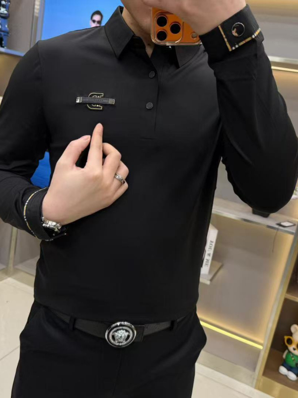 Мъжка поло тениска 8887 — Slim fit, памучно-смесена материя, геометричен принт, дълги ръкави, за всички сезони