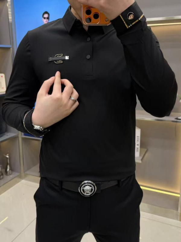 Мъжка поло тениска 8887 — Slim fit, памучно-смесена материя, геометричен принт, дълги ръкави, за всички сезони