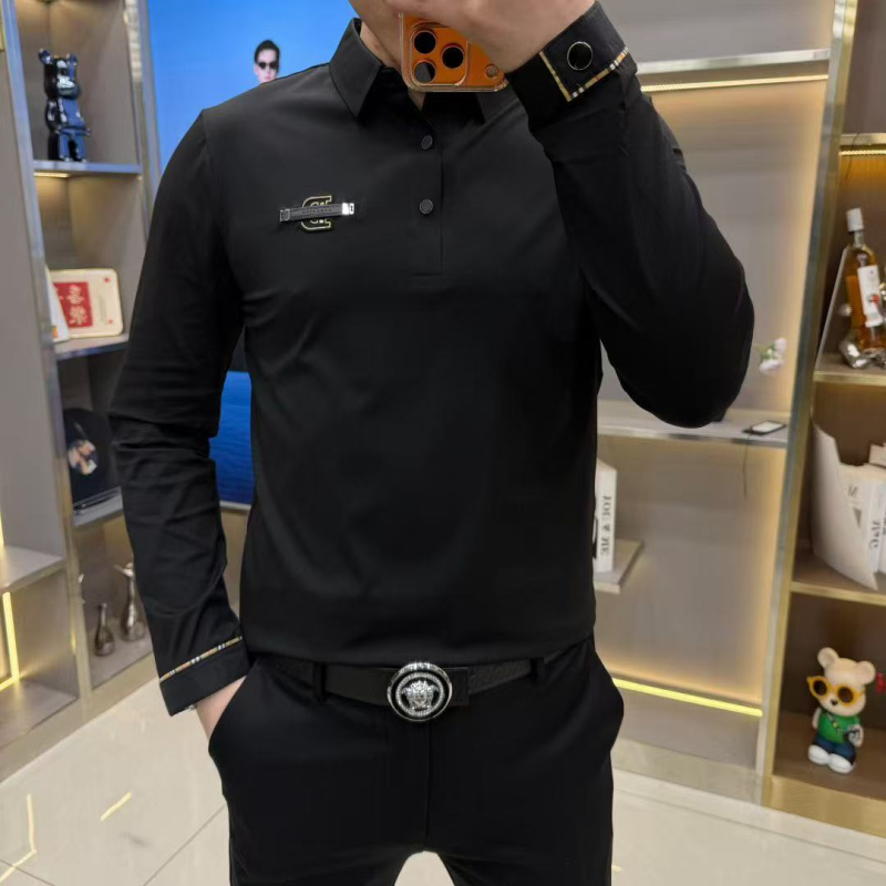 Мъжка поло тениска 8887 — Slim fit, памучно-смесена материя, геометричен принт, дълги ръкави, за всички сезони