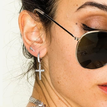 Naušnice s križem od cirkonija, pozlaćene bakrene, unisex, geometrijski dizajn