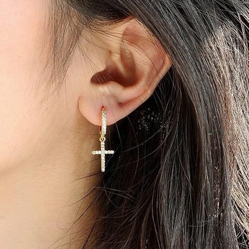 Naušnice s križem od cirkonija, pozlaćene bakrene, unisex, geometrijski dizajn