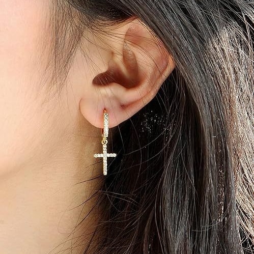 Naušnice s križem od cirkonija, pozlaćene bakrene, unisex, geometrijski dizajn