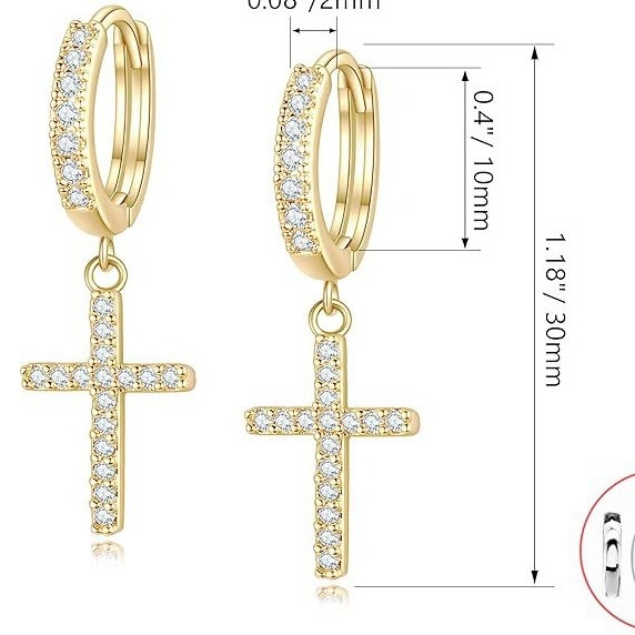 Naušnice s križem od cirkonija, pozlaćene bakrene, unisex, geometrijski dizajn