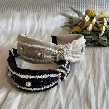 Bandica za kosu s perlama u Chanel stilu, vintage čvor, elegantan široki rub dodatak za kosu