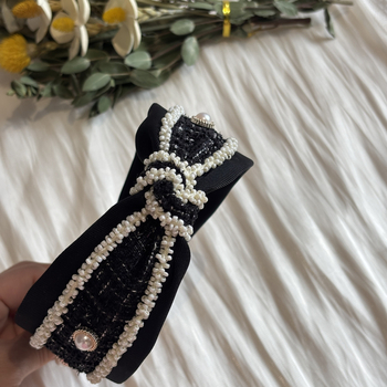 Bandica za kosu s perlama u Chanel stilu, vintage čvor, elegantan široki rub dodatak za kosu