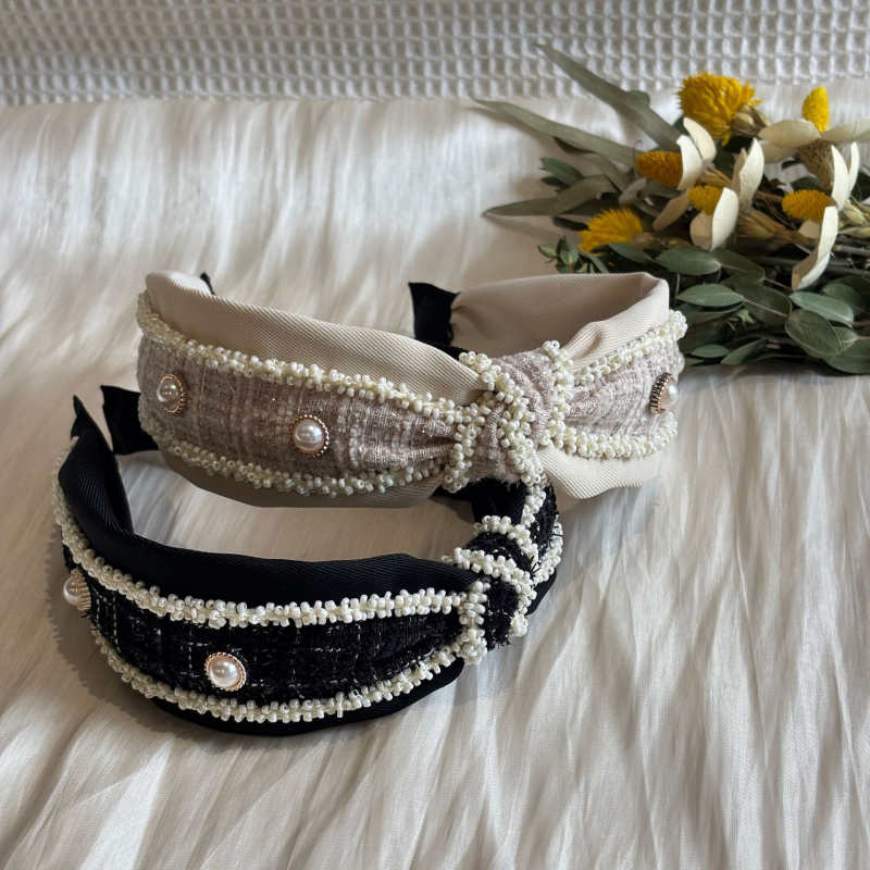 Bandica za kosu s perlama u Chanel stilu, vintage čvor, elegantan široki rub dodatak za kosu