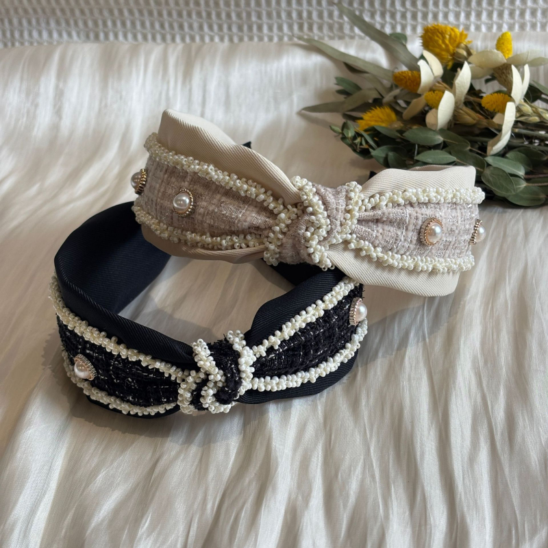 Bandica za kosu s perlama u Chanel stilu, vintage čvor, elegantan široki rub dodatak za kosu
