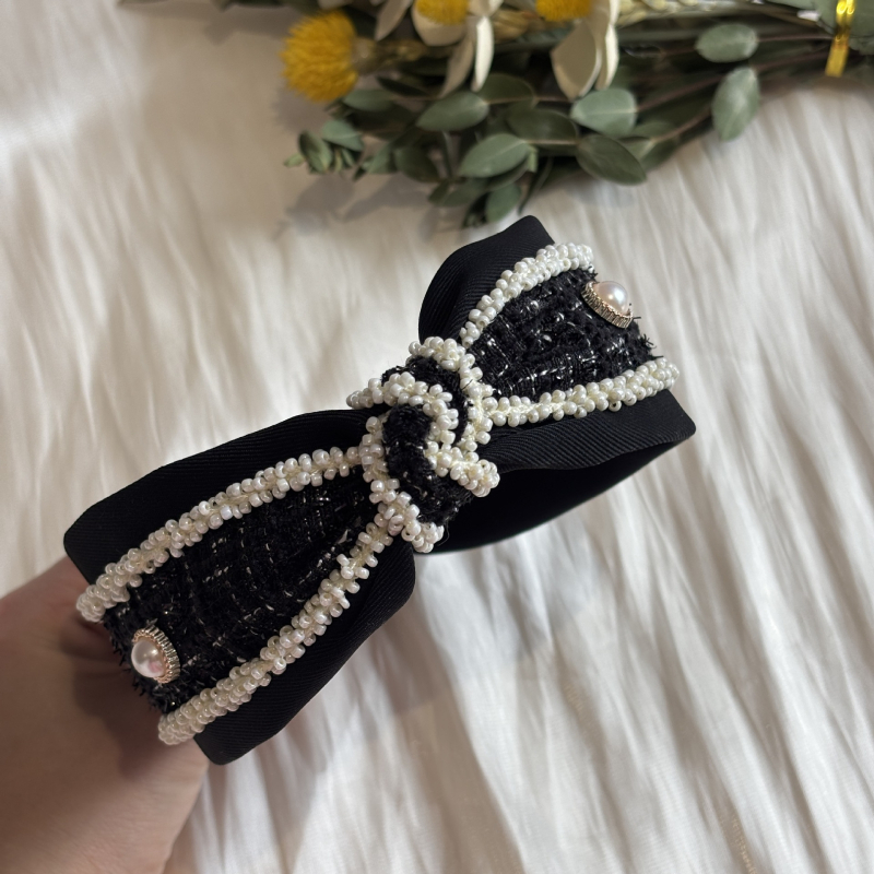 Bandica za kosu s perlama u Chanel stilu, vintage čvor, elegantan široki rub dodatak za kosu