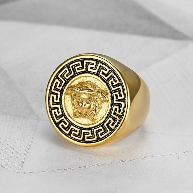 Prsten od nehrđajućeg čelika, vakuumski pozlaćen, s bojom očuvanom, nadahnut antičkom grčkom mitologijom, hip-hop stil, unisex