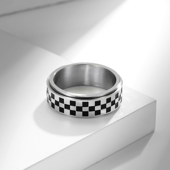 Unisex prsten od nehrđajućeg čelika s rotirajućom površinom i crno-bijelim kariranim uzorkom