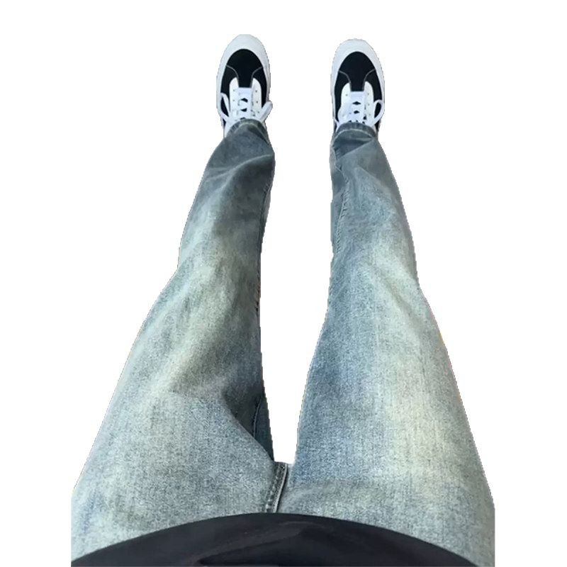 Férfiaknak mosott vintage kék farmer, slim-fit, egyenes szárú, tavasz–ősz stílusú, amerikai street vibe