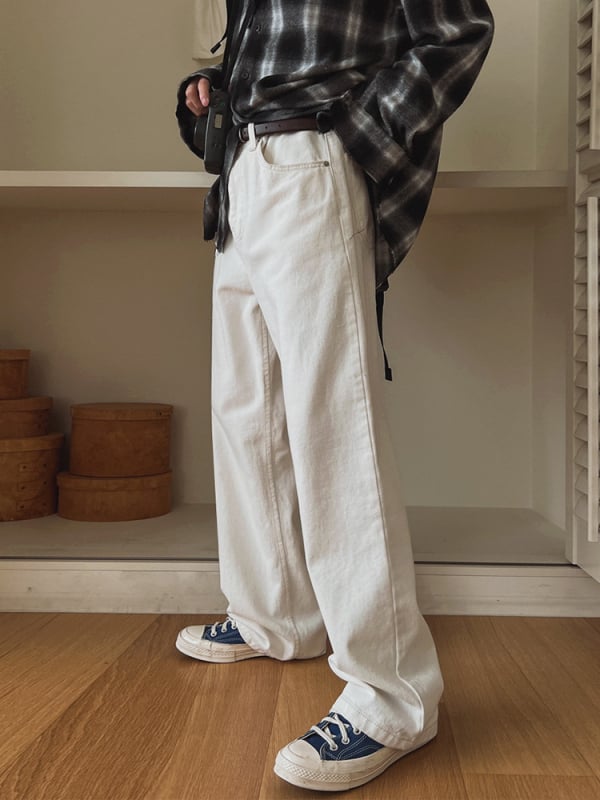 MYQ Jednostavne visokokvalitetne muške traperice s ravnim krojem, proljetni ležerni kroj, korejski stil, moderne široke denim traperice