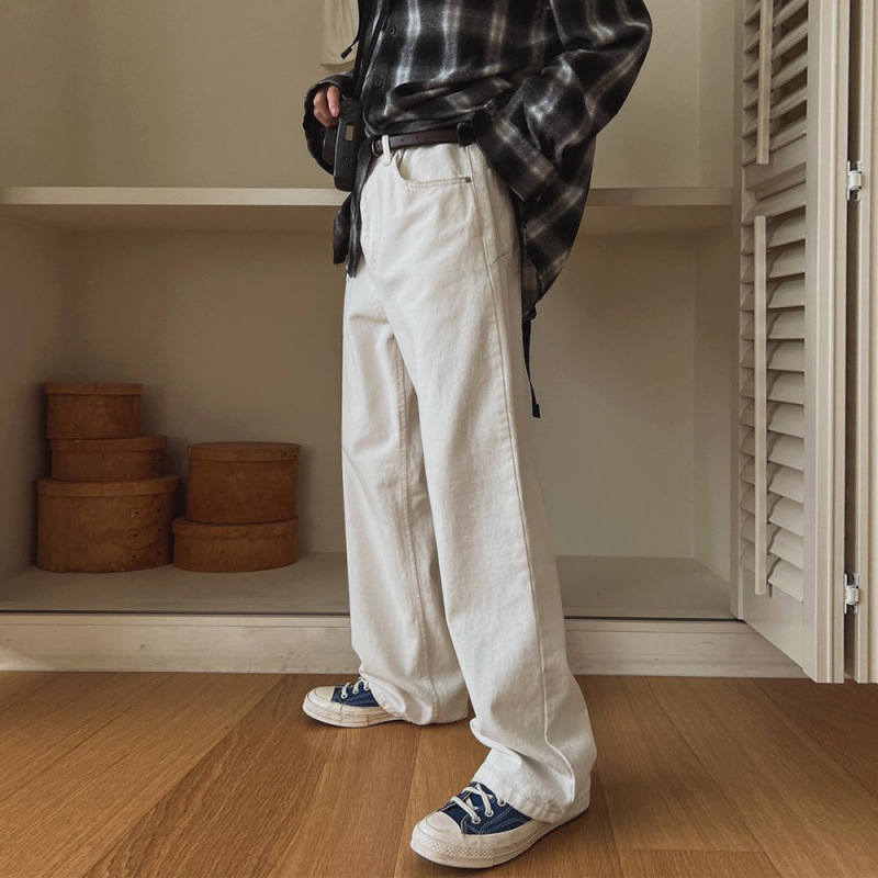 MYQ Jednostavne visokokvalitetne muške traperice s ravnim krojem, proljetni ležerni kroj, korejski stil, moderne široke denim traperice
