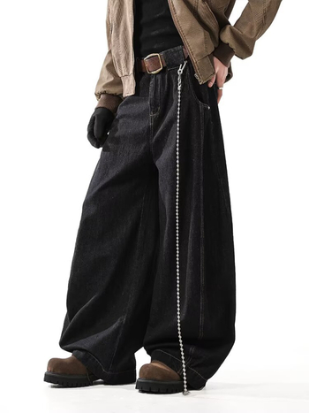 Férfi fekete denim nadrág amerikai retro stílusban, széles szárú, kifinomult megjelenés, laza mindennapi viselet tavaszra és őszre