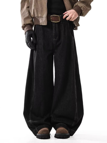 Férfi fekete denim nadrág amerikai retro stílusban, széles szárú, kifinomult megjelenés, laza mindennapi viselet tavaszra és őszre