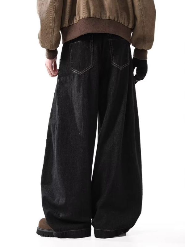 Férfi fekete denim nadrág amerikai retro stílusban, széles szárú, kifinomult megjelenés, laza mindennapi viselet tavaszra és őszre