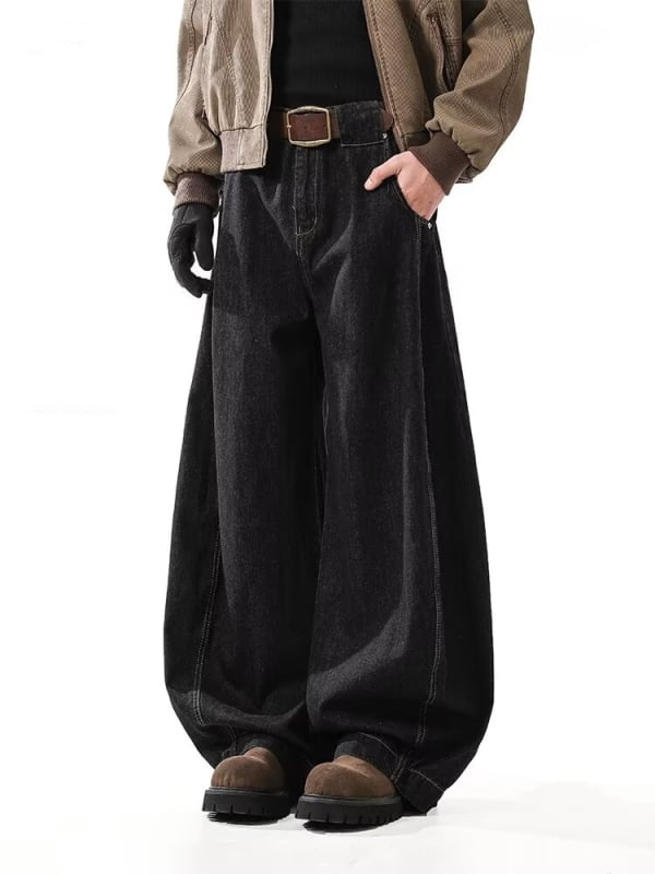 Férfi fekete denim nadrág amerikai retro stílusban, széles szárú, kifinomult megjelenés, laza mindennapi viselet tavaszra és őszre