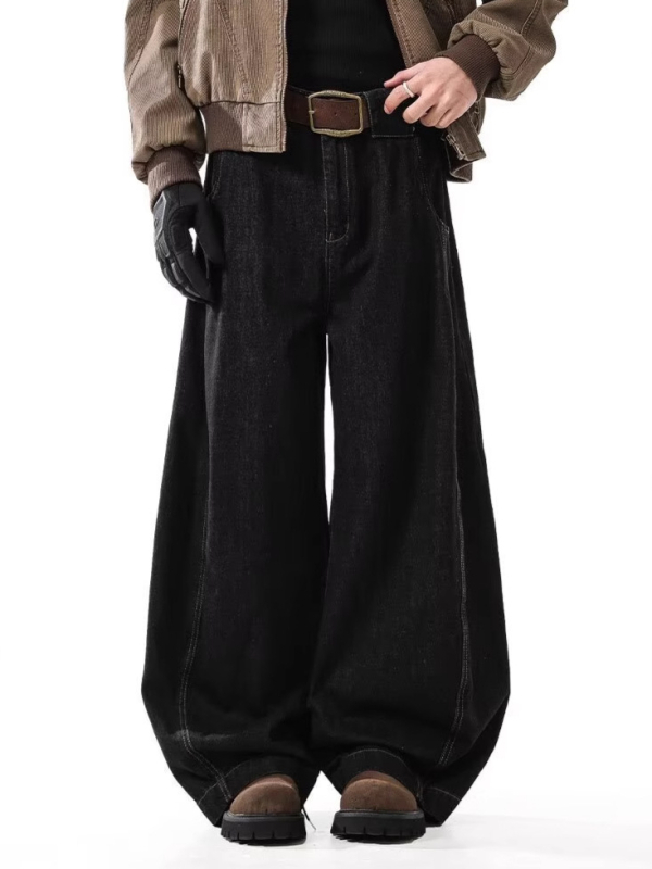 Férfi fekete denim nadrág amerikai retro stílusban, széles szárú, kifinomult megjelenés, laza mindennapi viselet tavaszra és őszre