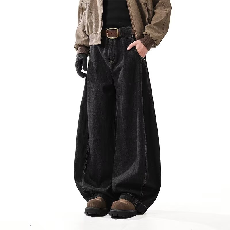 Férfi fekete denim nadrág amerikai retro stílusban, széles szárú, kifinomult megjelenés, laza mindennapi viselet tavaszra és őszre