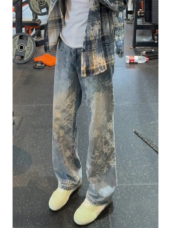 Muške traperice s all-over jacquard uzorkom za jesen, ravne krojenje, opuštena silueta, srednji pojas, zatvarač, pamuk denim