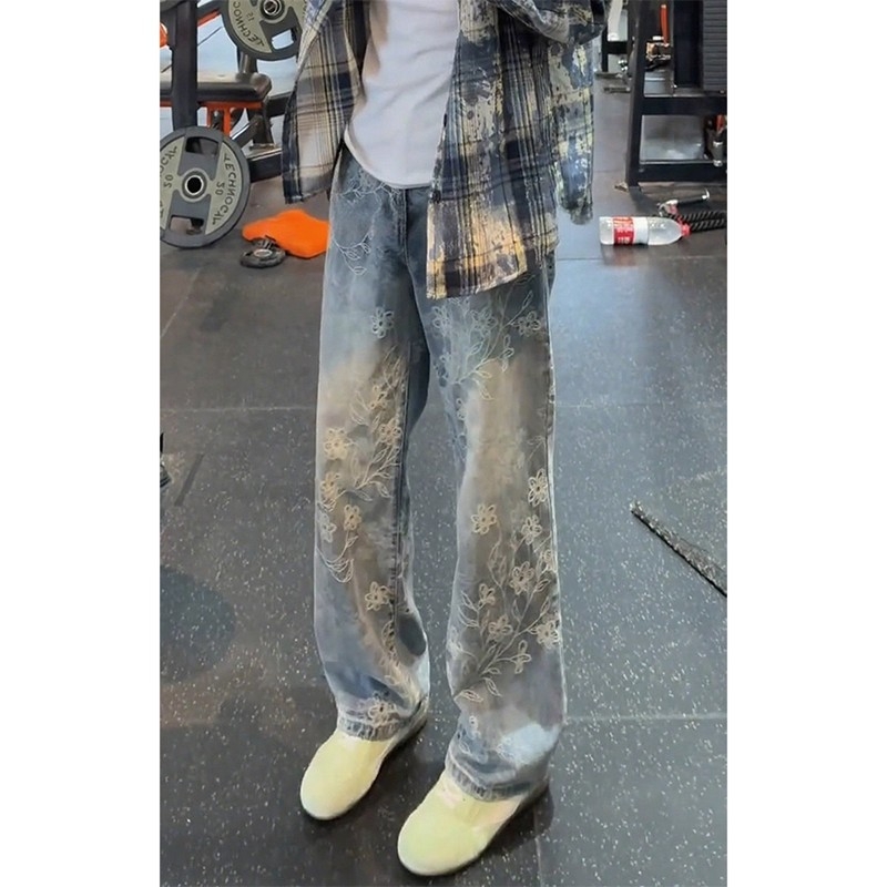 Muške traperice s all-over jacquard uzorkom za jesen, ravne krojenje, opuštena silueta, srednji pojas, zatvarač, pamuk denim
