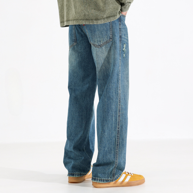 Ceecuz hlače u američkom stilu Cleanfit, plave, ravni kroj za muškarce, proljeće-ljeto, pranje vintage, ležerni casual stil, duge hlače