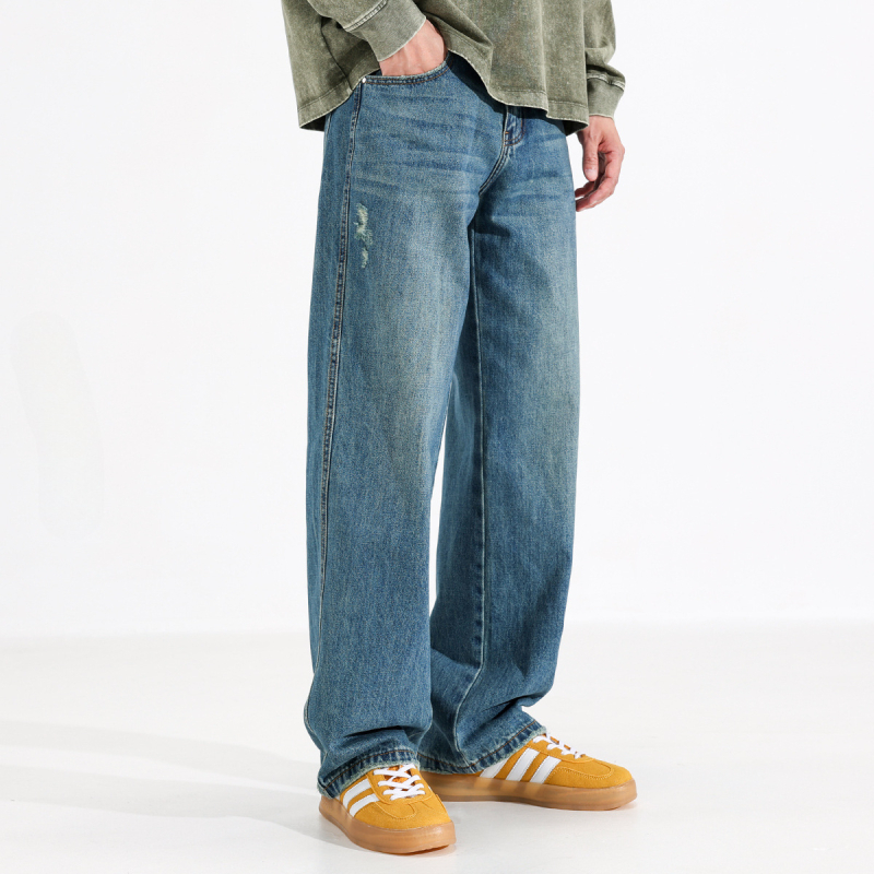 Ceecuz hlače u američkom stilu Cleanfit, plave, ravni kroj za muškarce, proljeće-ljeto, pranje vintage, ležerni casual stil, duge hlače