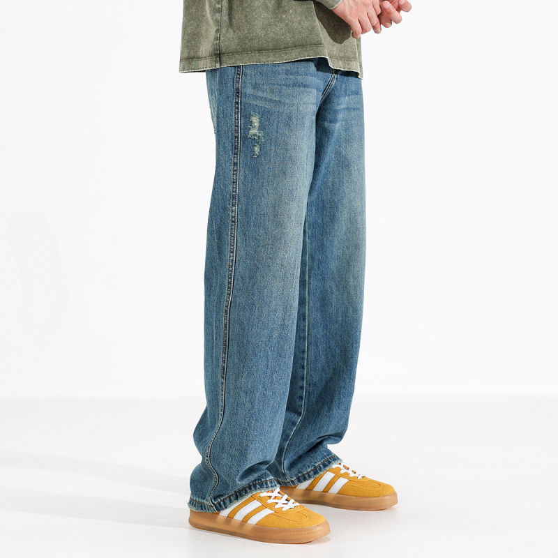 Ceecuz hlače u američkom stilu Cleanfit, plave, ravni kroj za muškarce, proljeće-ljeto, pranje vintage, ležerni casual stil, duge hlače