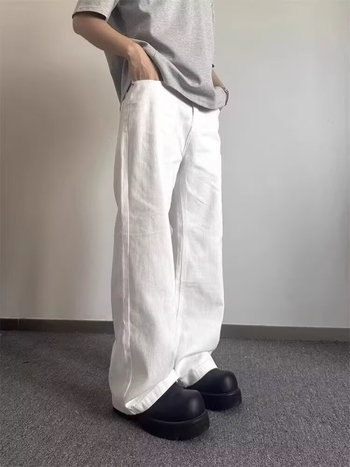 Nyári fehér denimnadrág férfiaknak, amerikai utcai stílus, új modell, prémium érzet, laza szabás, egyenes és széles szárú, padlót érő hosszúság, sokoldalú