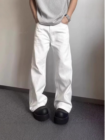 Nyári fehér denimnadrág férfiaknak, amerikai utcai stílus, új modell, prémium érzet, laza szabás, egyenes és széles szárú, padlót érő hosszúság, sokoldalú