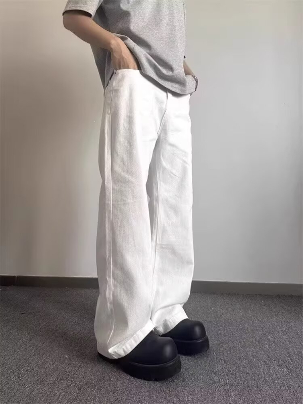 Nyári fehér denimnadrág férfiaknak, amerikai utcai stílus, új modell, prémium érzet, laza szabás, egyenes és széles szárú, padlót érő hosszúság, sokoldalú