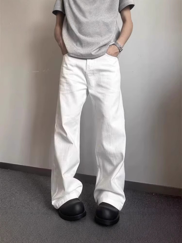 Nyári fehér denimnadrág férfiaknak, amerikai utcai stílus, új modell, prémium érzet, laza szabás, egyenes és széles szárú, padlót érő hosszúság, sokoldalú