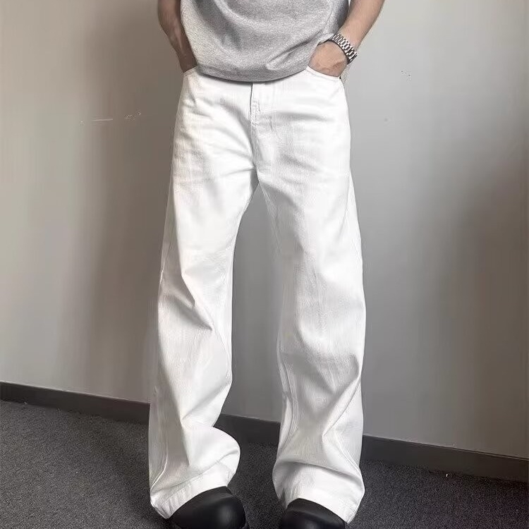 Nyári fehér denimnadrág férfiaknak, amerikai utcai stílus, új modell, prémium érzet, laza szabás, egyenes és széles szárú, padlót érő hosszúság, sokoldalú