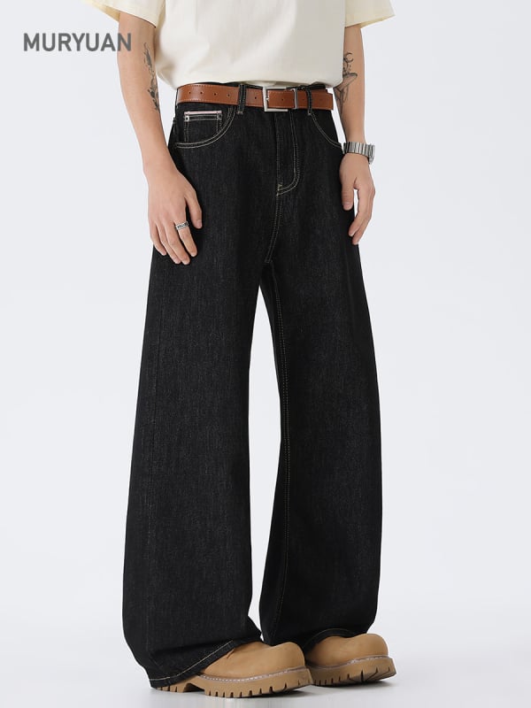 Unisex crne sirove traperice u američkom stilu, opušteni ravni kroj, retro street široke nogavice