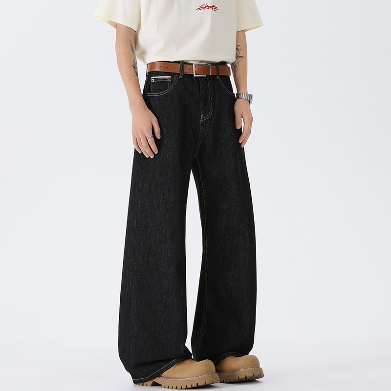 Unisex crne sirove traperice u američkom stilu, opušteni ravni kroj, retro street široke nogavice