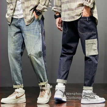 Muške traperice patchwork, distres, retro stil, korejski dizajn, casual i radni stil, ravna nogavica